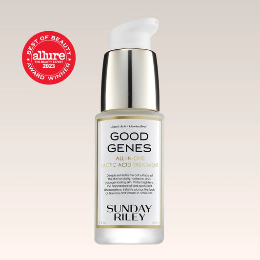 Sunday Riley Good Genes Lactic Acid Treatment bottle with Allure award badge